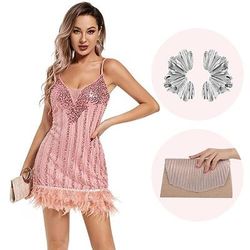 Anni Ruggenti Anni 1920 Mini Abito Flapper Abiti Senza maniche Il grande Gatsby Invitato al matrimonio Paillettes Piuma Scollo a V Costume Per donna Natale Carnevale Mascherata Festa serale Halloween