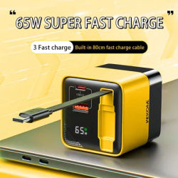 65W GaN Charging Head USB-C Fast Charger With Built-in 80CM TypeC Cable Suitable for iPhone 15