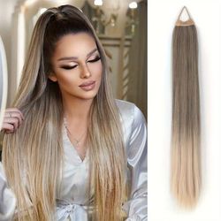 TEMU Ponytail Extensions Featuring A Flexible Band, Suitable For Women, Measuring 28 Inches In Length With Straight, Soft, And Natural-looking Synthetic Ponytails In Blonde, Brown, Red, And Silvery.