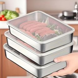 TEMU 3pcs Premium Stainless Steel Food Storage Containers With Clear Lids - Durable Steel For Steaming, Grilling, And Cold Dishes - Meal Prep And Serving
