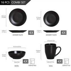 TEMU 16pcs Pottery Dinner Set Black Stoneware Tableware Set With Dinner Plate, Dessert Plate, Bowls, Cup For 4 Person