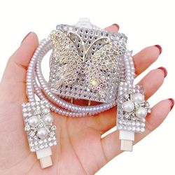 TEMU Shiny Diamond Charger Cable Protector Set/5pcs/data Cable Protector With Storage /for Fast Charger/compatible With Iphone 11/12/13/14 Series