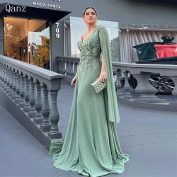 Qanz-Robes de soirée de Dubaï pour femmes, robes de soirée de mariage élégantes, manches cape, vert arabe, personnalisé