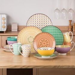 TEMU 16 Pieces Porcelain Multicolour Japanese Moroccan Crockery Dinnerware Set With Dinner Plate, Dessert Plate, Cereal Bowl And Mug, Service For 4