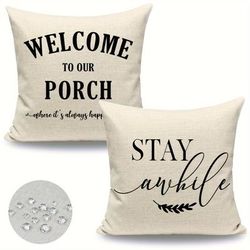 TEMU Welcome To Our Porch" 2pcs Set - Waterproof Outdoor Pillow Covers, Farmhouse Style Decorative Throw Pillows For Patio & Home, Machine Washable, Zip Closure, 18x18