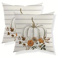 TEMU 2pcs Linen Fall Pillow Covers - Autumn & Thanksgiving Decor With White Pumpkin Stripes, Zip Closure, Machine Washable - Perfect For Couch, Sofa, Outdoor 16x16, 18x18, 20x20 (inserts Not Included)