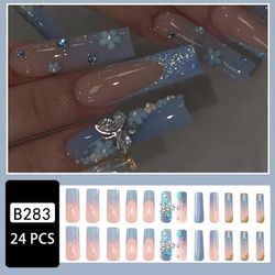 TEMU [popular ] 24pcs Elegant Blue & Pink Gradient Press-on Nails Set With Glitter, Cute Floral & Designs - Long Square Shape, Includes Jelly Adhesive & Nail File, French Style, Removable, Powder
