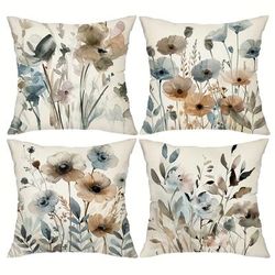 TEMU 4pcs, Watercolor Flowers Throw Pillow Covers, 18in*18in, Soft Green And Blue Tones Plants Decoratifile Cushion Covers, Home Decor For Sofa Bedroom Office Car Farmhouse, Without Pillow Cores.