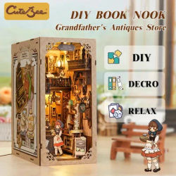 CUTEBEE-DIY Book Nook Kit, Doll House with Touch Light, Dust Cover, Retro 3D Bookshelf Insert, Gift,