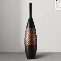 Black classical flower 35.2-inch high floor decorative vase, luxurious home decoration, large resin