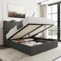 Queen Size Lift Up Storage Bed Frame with Charging Station, Upholstered Platform Bed Frame with