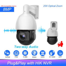 Hikvision Compatible 8MP PTZ IP Camera 25X Zoom Human Auto-tracking Two-way Audio Outdoor Video