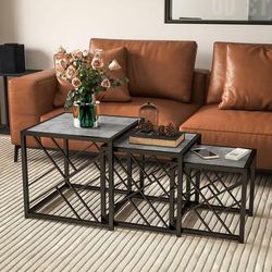 TEMU Nesting Coffee Tables, Set Of Side Tables With Black Metal Frame, For Living Room, Bedroom And Office, Grey