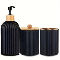 TEMU 3pcs Refillable Bathroom Dispenser Set, Plastic,, Freestanding, Manual Pump Lotion Dispenser, Swab Holder, Toothbrush Organizer, With No Electricity Needed