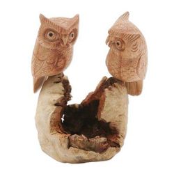 Owl Lovers,'Hand-Carved Jempinis Wood Owl Couple Tree Sculpture'