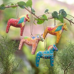 Dala Cheer,'Set of 4 Artisan-Painted Christmas Horse Ornaments'
