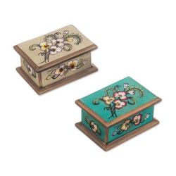 Petite Garden,'2 Floral-Themed Reverse Painted Glass Decorative Boxes'