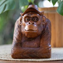 Pensive Orangutan,'Hand-Carved Balinese Suar Wood Orangutan Sculpture'