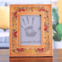 Floral Memory,'Embossed Floral Crimson and Orange Leather Photo Frame (4x6)'