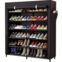 TEMU 7-tier Shoe Rack Storage Organizer 42 Pairs Portable Double Row With Waterproof Cover Non-woven Shoe Storage Cabinet