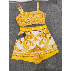 Luxury summer new two-piece geometric printing sexy suspender top+high waist wide leg shorts elegant fashion women's suit