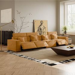 145.28"Minimalist Power Reclining Sofa, 3 Recliners, Anti-scratch Fabric, Living Room, Orange