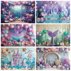 Mermaid Princess Girl Birthday Backdrop for Photography Underwater World Castle Seashell Baby Shower Cake Smash Photo Background
