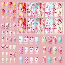 TEMU 120pcs Colorful Cartoon Square Patch Nail Gift Box With Cute Cartoon And Striped Pattern Effects Including And Nail File - Great Gift For Casual Dress S And Ladies