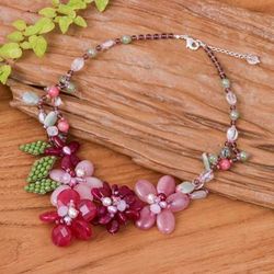 'Artisan-Made Floral Pink Quartz and Glass Beaded Necklace'