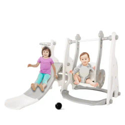 4-in-1 toddler climber and swing set, extra-long slide, safety belt, children's play climbing slide set with basketball stand