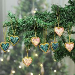 'Set of 8 Embroidered and Beaded Heart-Shaped Ornaments'