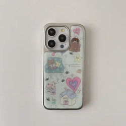 Cartoon INS Electroplated Frame Bear & House Shockproof Phone Case for iPhone 16 15 14 13 Pro Max