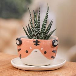 'Fair Trade Tiger-Themed Mini Flower Pot and Saucer (Small)'