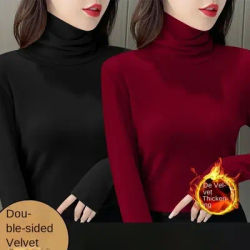 Sous-vêtements thermiques pour femmes, chemise épaisse à col roulé, haut chaud en velours, col Semi-haut, pulls à manches longues, hiver