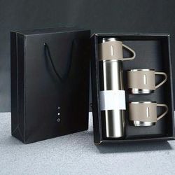 TEMU Coffee Set – Stainless Steel Water Bottle With 3 Leakproof Cups, Vacuum Insulated For Hot And Cold Beverages, Portable Travel Mug, Halloween, Christmas, And Easter Gift For Men And Women