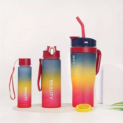 TEMU Three-piece Ice Tumbler, Gradient Color Frosted Straw, Double Drinking Plastic Water Cup, 300ml/800ml/1200ml (10oz/27oz/40oz), Large Capacity Car Handle Car Cup
