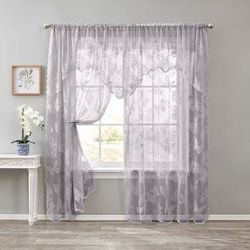 Wide Width Ella Lace Romantique Curtain by BrylaneHome in Cloud (Size 58" W 63" L)