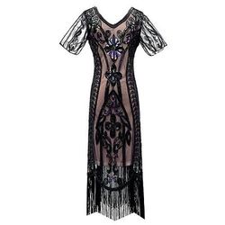 Anni Ruggenti Anni 1920 Lunghezza al ginocchio Lunghezza corta Abito Flapper Manica illusione Maniche corte Il grande Gatsby Invitato al matrimonio Paillettes Paillettes Scollo a V Costume Per donna