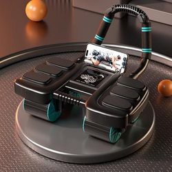 TEMU Universal 4 Wheel Ab Roller With Automatic Rebound - Steel Spring , Uncharged, Non-slip Foam Handles, Iron & Pp Construction - Fitness Wheel For Abdominal Workouts, Home Gym Equipment