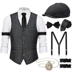 Anni Ruggenti Anni 1920 Retrò Vintage Abiti Gilet Set di accessori Gentiluomo Gangster Costume Per uomo Costume di Carnevale 8 pezzi Natale Halloween Carnevale Mascherata Cocktail party Festa a Tema