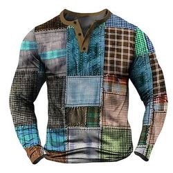 Per uomo Collage Camicia Henley Maglia a maniche lunghe Manica lunga Stampa 3D Originale Retrò vintage Informale Strada Informale Giornaliero Inverno Primavera Autunno Rosso Blu Blu scuro Collare