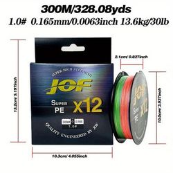 TEMU Super Strong 12-strand Braided Pe Fishing Line, 300m/328.08yds, High Strength, Saltwater Resistant, - Jof X12 Series