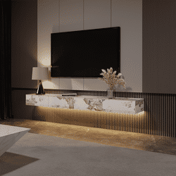 86.61"Modern Glossy Sintered Stone Floating TV Stand with LED Lights, Pandora Wall-Mounted TV Console with Drawers with Adjustable Light