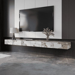 Modern Pandora Floating TV Stand, Glossy Sintered Stone Wall-mounted TV Console with Drawers Storage, Flip-down Door, 110.24"