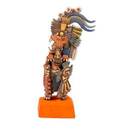 'Jaguar Warrior' (medium) - Aztec Museum Replica Ceramic Sculpture