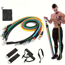 TEMU 11pcs Tpe Resistance Bands Set With Door Anchor, Handles, Ankle Straps, Carry Bag - Uncharged, No Battery Needed - Ideal For Home Gym, Fitness, Yoga & Pilates - Suitable For Beginners