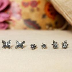 '3-Piece Nature-Themed Sterling Silver Stud Earrings Set'