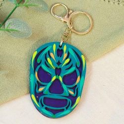 'Hand-Painted Wood Mexican Wrestler Mask Keychain & Bag Charm'