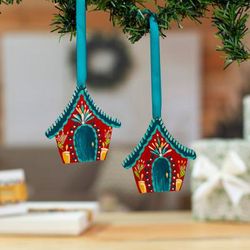 'Mexican-Made Hand-Painted Teal and Red Wood Ornament Pair'