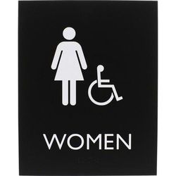 Lorell 02666 Restroom Sign, 1 Each, Women Print/Message, 6.4" x 8.5" Height, Rectangular Shape, Easy Readability, Braille, Plastic, Black